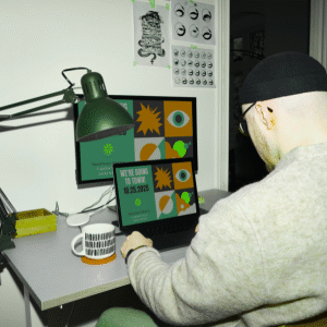 A man in front of a computer doing some visual designs of iconic materials